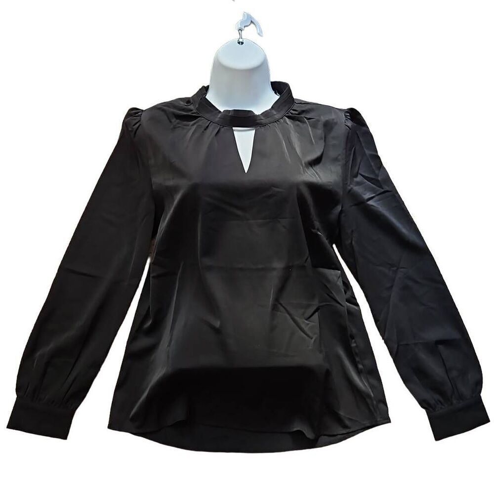Allegra K Long Sleeve Satin Blouse Black Small